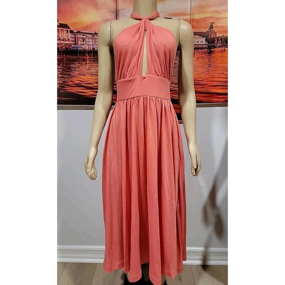 FREE PEOPLE FP BEACH Sz S BONITA TEXTURED HALTER MIDI DRESS PRAIRIE ROSE #X